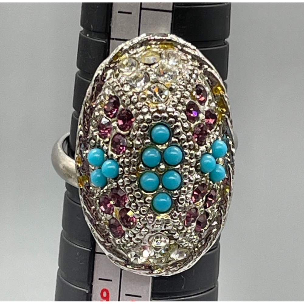 Sarah Coventry Vintage Turquoise Purple Rhinestone Oval Dome Statement Ring 7.5